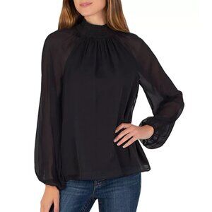 Joie Black Smocked Neck Flowy Sleeve Blouse Sz Small Womens Sheer Soft